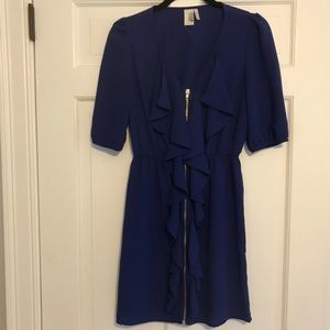 Ruffle Front Zip Blue Dress